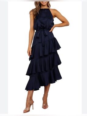 Petal & Pup Seychelles Dress Navy Satin Ruffle Midi Dress Size 2 / AU 6